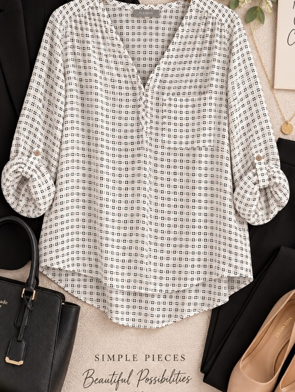 Pleione XL Black White Geometric Print Split Neck Long Sleeve Blouse